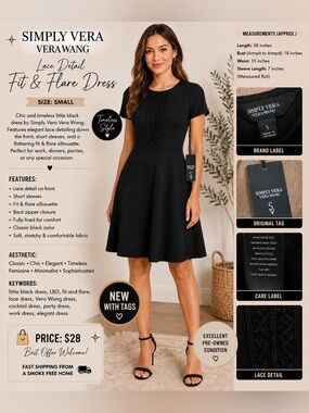 Simply Vera Vera Wang Black Short-Sleeve A-Line Midi Dress with Front Lace Panel
